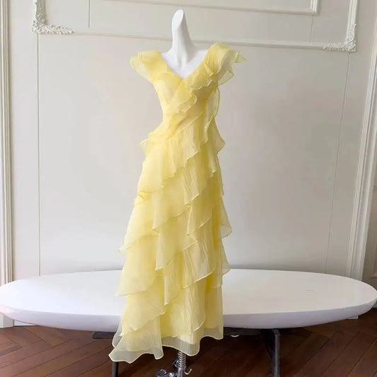 Yellow Butterfly Sleeve V-neck Tiered Asymmetrical Midi Dress