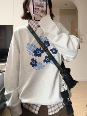 Grey Long Sleeve Blue Flower Print Sweatshirt
