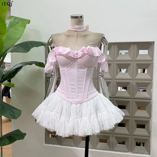 Ruffled Trim Off-shoulder Crop Top And White Tulle Mini Skirt Set