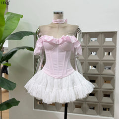 Ruffled Trim Off-shoulder Crop Top And White Tulle Mini Skirt Set