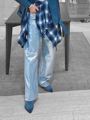 Metallic High Waist Denim Straight Leg Pants