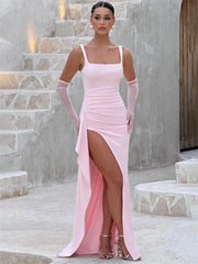 Square Neck Strap Thigh High Split Draped Long Dress