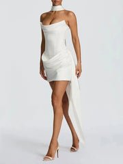 Satin Strapless Corset Tie Up Drape Mini Dress
