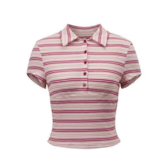 Ribbed Striped Collar Fitted Button T-Shirt