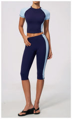 Two-Tone Contrast Seam Crop Top And Capri Leggings Set