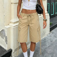 Low Waist Cargo Drawstring Knee Length Pants with Pockets
