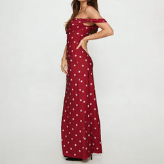 Red Off Shoulder Polka Dot Print Long Dress
