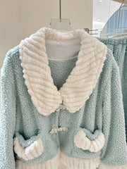 Fur Fleeve Long Sleeve Pocket Shirt And Pants Pajama Set