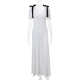 White Short Sleeve Black Bow Maxi Dress