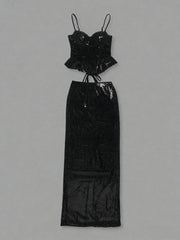 Sequins Spaghetti Strap Lace Lace-up Top And Long Skirts Set