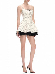 White Polka Dot Square Collar Lace Edge Mini Dress