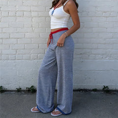 Blue Striped Wide Leg Red Drawstring Waist Lounge Pants