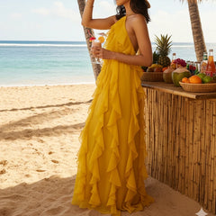 Sleeveless Ruffle Tie-up Halter Neck Long Dress