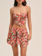 Cherry Print Spaghetti Strap Crop Top And Mini Skirt