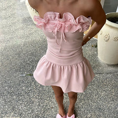 Pink Ruffled Tube Top And Mini Skirt Set