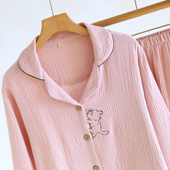Embroidery Cotton Long-sleeved Shirt And Pants Two Piece Loungewear Set