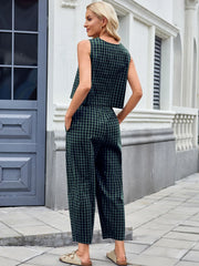 Printed Plaid Sleeveless Vest And Wide Pants Set