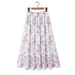  White Floral Print Elastic Waist Spliced Lace Ruched Long Skirts