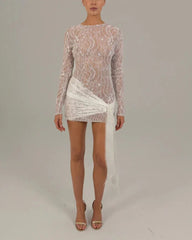 Lace Sheer Long Sleeve Tie Up Mini Dress - Free From Label