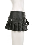 Black Pleated Belted Slit Micro Mini Skirt