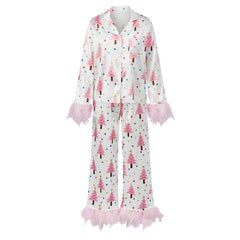 Christmas Feather Trim Satin Long Sleeve Button Down Top And Pants Pajama Set