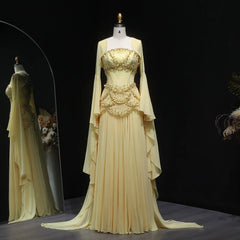 Cape Sleeve Chiffon Tiered Petals Sequined Pearl Embellished Gown