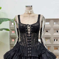 Lace Tie Fishbone Corset Top And Tulle Mini Skirt Set