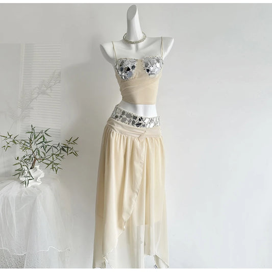 Rhinestone Patchwork Mesh Crop Top And Midi Skirt Set