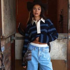 Polo Long Sleeve Striped Cropped T-Shirt