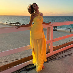 Yellow Halter Tie Up Ruched Mesh Maxi Dress