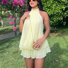 Halter Neck Open Back Ruffle Waist Mini Dress