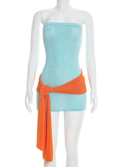 Blue Tube Orange Wrap Around Bodycon Mini Dress