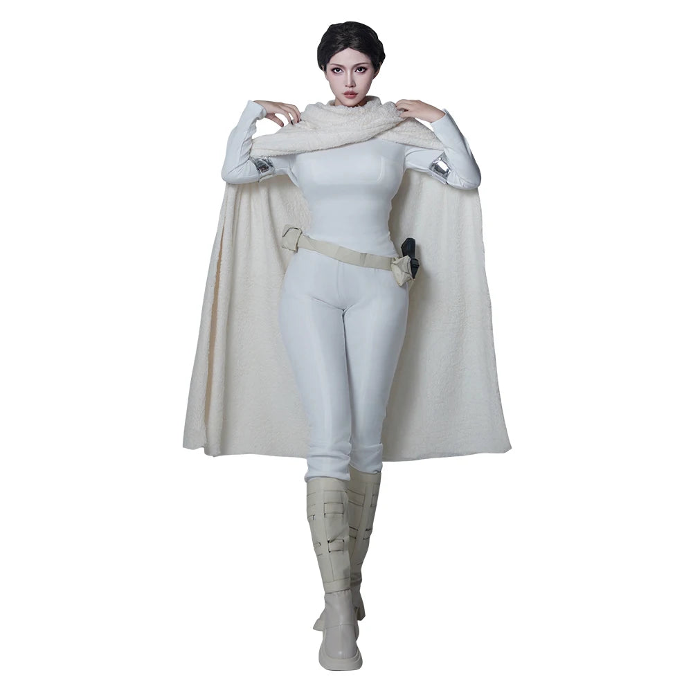 “Padmé Amidala white battle costume with crop top and cloak”