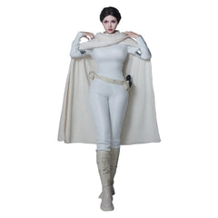 “Padmé Amidala white battle costume with crop top and cloak”