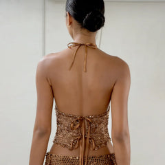 Brown Knit Sequin Cowl Ring Tie Up Crop Top