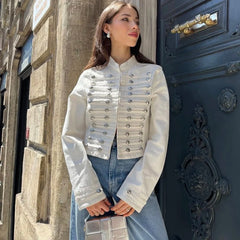 Denim Embroidered Button Jacket And Micro Shorts Set