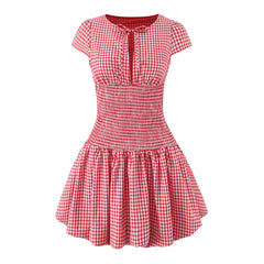 Red Plaid Puff Ruched Mini Dress