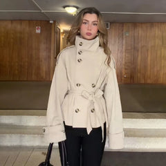 Stand Collar Double Breasted Long Sleeve Belted Short Trench Coat