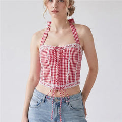 Gingham Halter Lace Trim Tie Back Crop Top