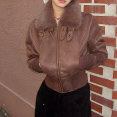 Fur Collar Motorcycle Zipper Short Jacket