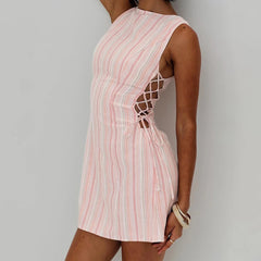 Pink Stripe Print Tie-up Side Mini Dress