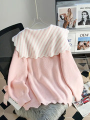 Large Collar Pink Bow Striped Knitted Sweatshirt Free From Label