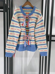 Blue Striped Jacquard Lace-up Cardigan