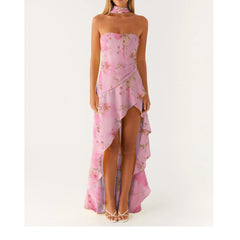 Strapless Printed Ruffles Midi Dress with Scarf