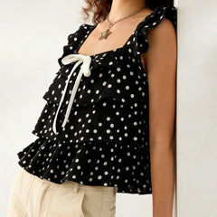 Polka Dot Square Neck Bow Tie Sleeveless Layered Blouse