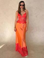 Lace Patchwork Deep V Neck Maxi Dress