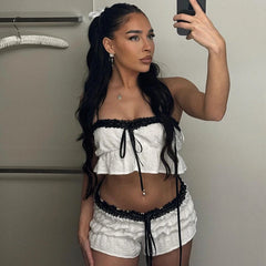 Lace Black White Contrast-color Lace-up Bow Tank Top and Short Suits