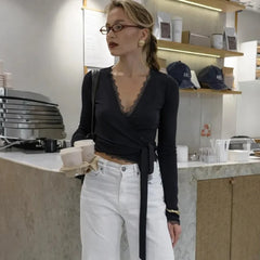 Lace Trim Long Sleeve Wrap Around Top