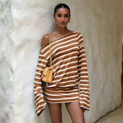 Off Shoulder Long Sleeve Striped Print Backless Hollow Out Mini Dress