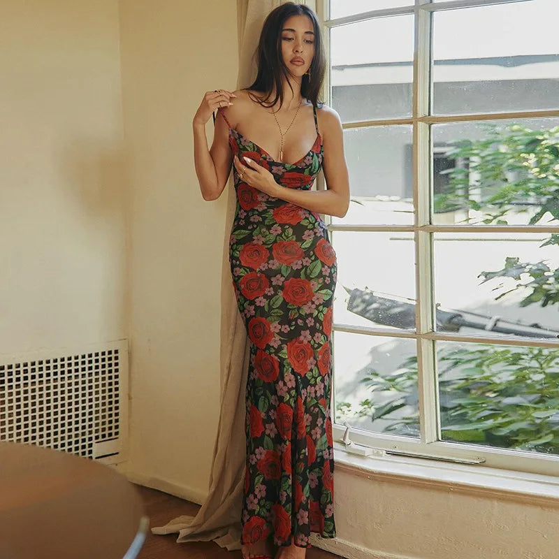 Flower Print Mesh Slip Maxi Dress - Free From Label